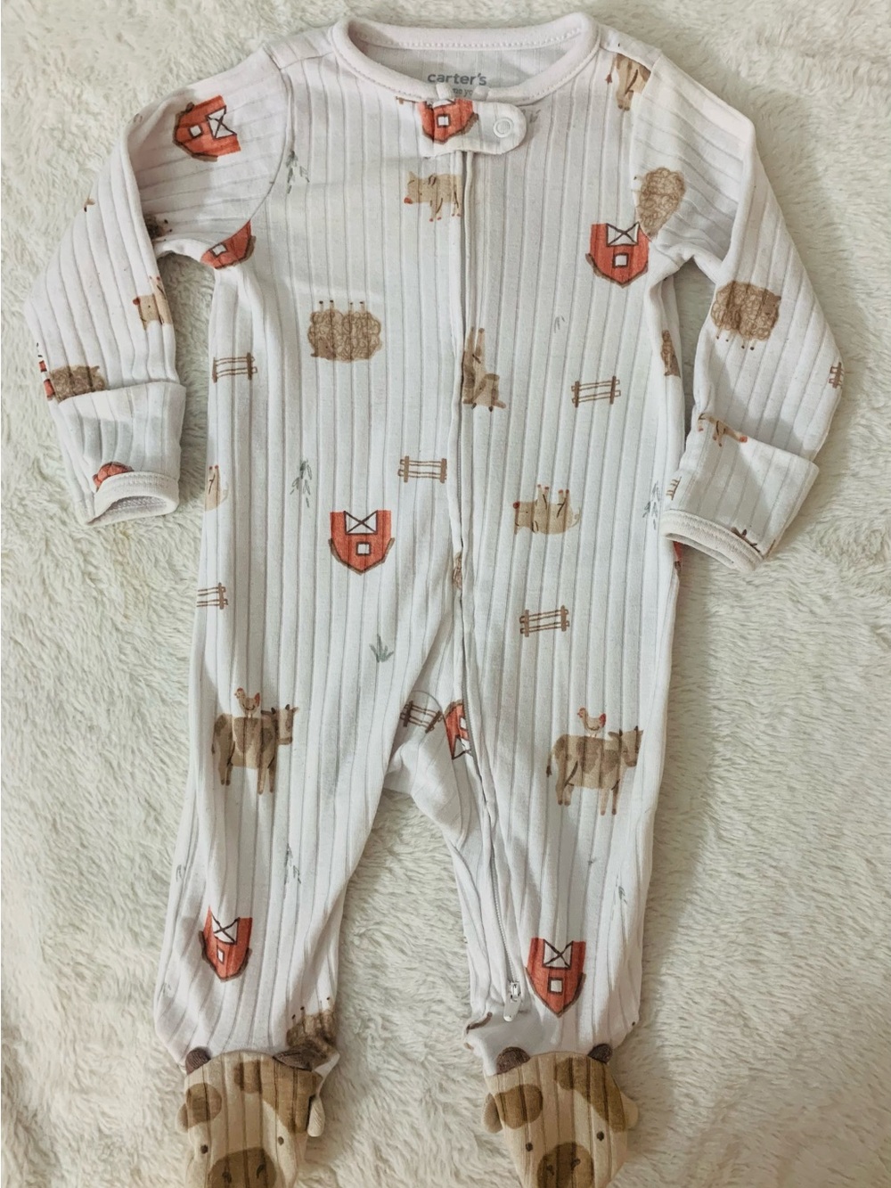 Carter's Cream Ribbed Farm Animal Footed One-Piece with Rust Barn Accents